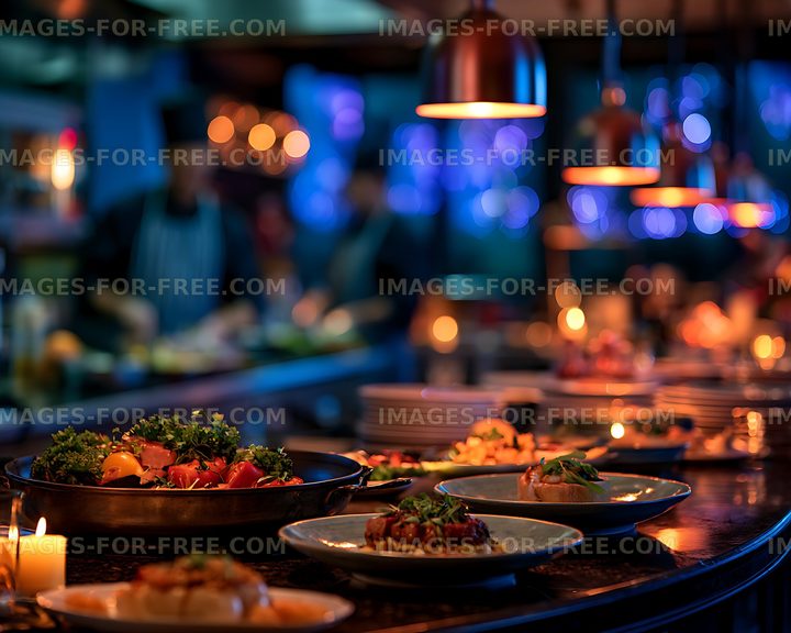 Candlelit restaurant table with plated food and colorful lights