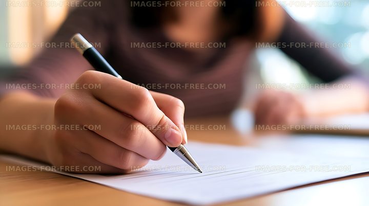 Hand writing on paper with a pen at a desk