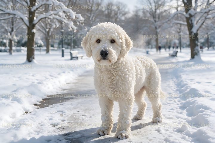 White dog with curly fur in a snow-covered park