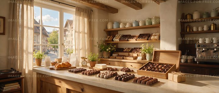 Warm rustic interior of a Swiss chocolate shop