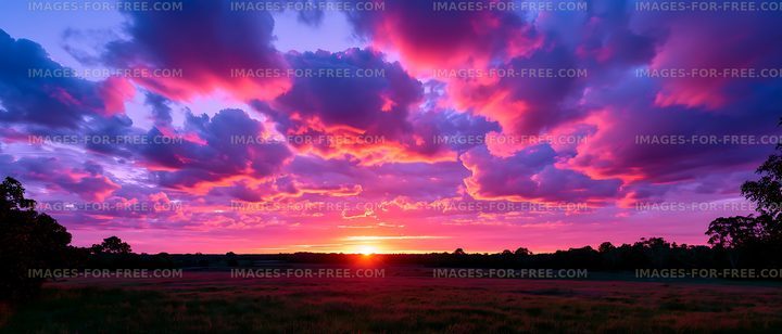 Vivid colorful sunset and storm clouds over open farmland