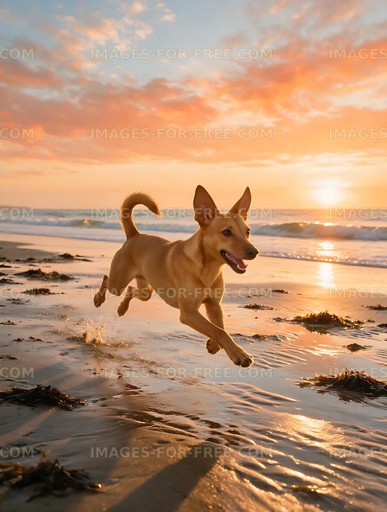 Dog sprinting along a beach at sunset