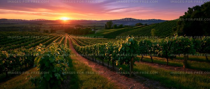 Golden sunset across a hillside vineyard landscape
