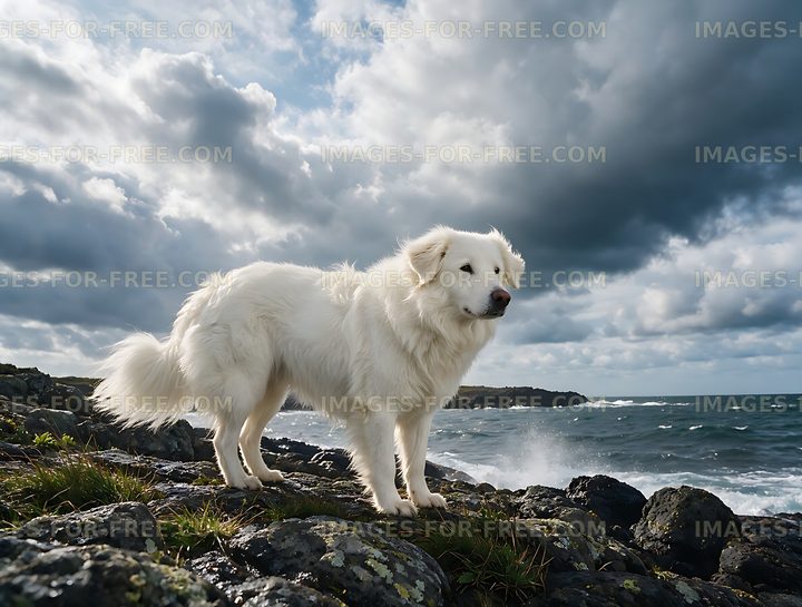 White dog on rocky seaside shore beneath dramatic sky