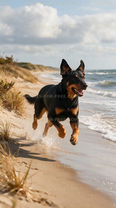 Dog splashing through shallow waves on a beach