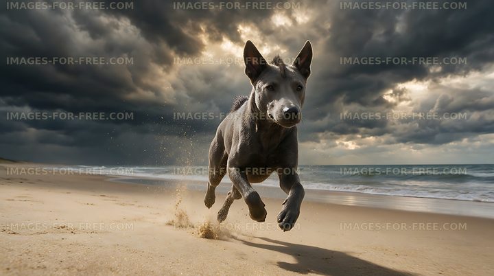 Gray dog sprinting along a sandy beach