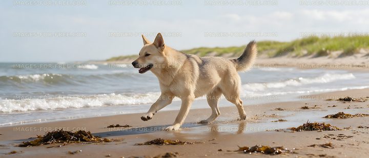 Cream-colored dog running beside ocean waves