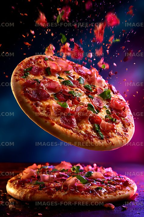 Floating pepperoni pizza with colorful flying ingredients