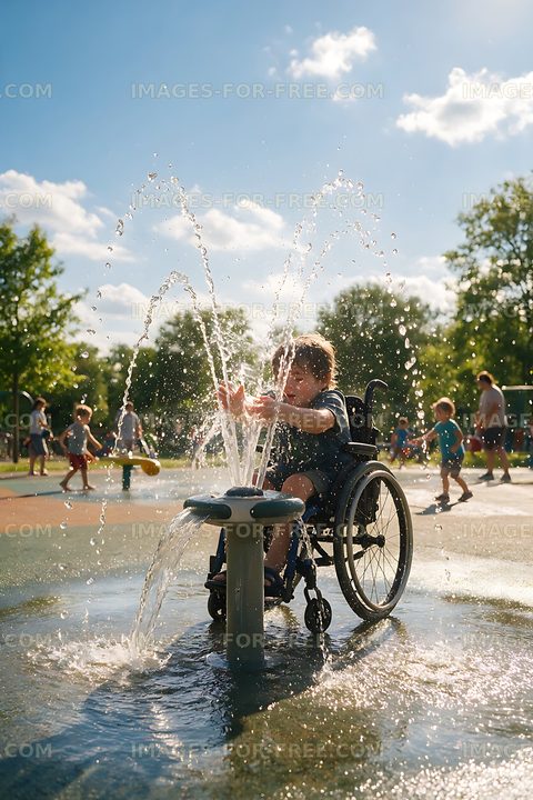 Wheelchair user enjoying water play outdoors