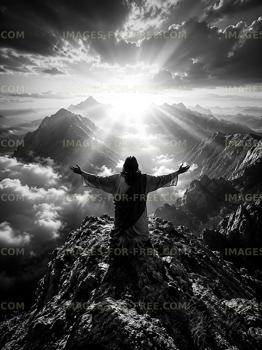 Mountain view with figure raising arms to the sun