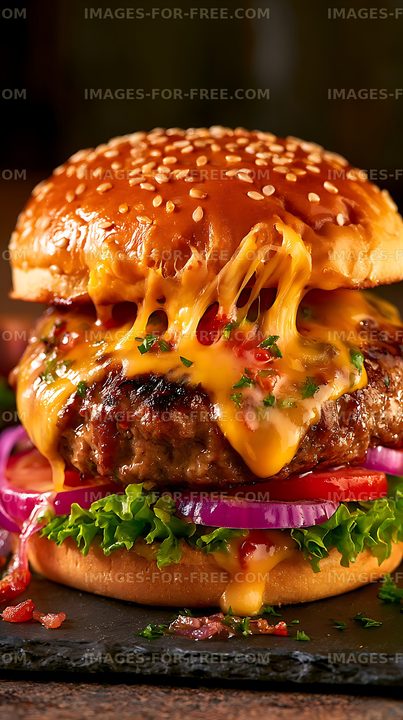 Juicy cheeseburger with cascading melted cheese