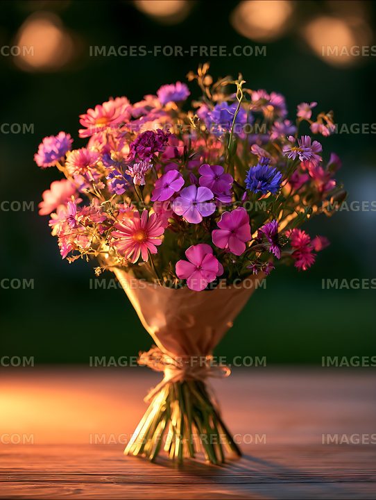 Vibrant mixed flower bouquet with warm bokeh