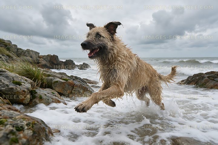 Shaggy dog splashing through ocean waves at rocky coast