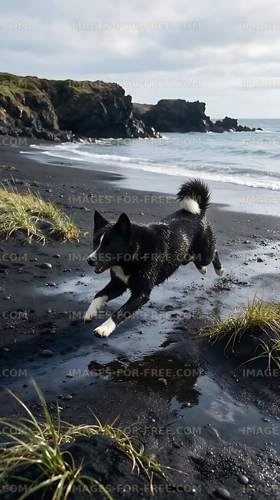 Dog running along a dark sandy coastline