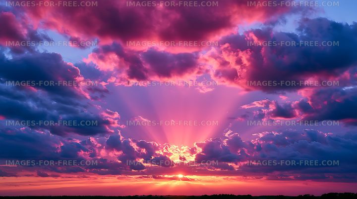 Colorful sunset with glowing clouds and sun rays
