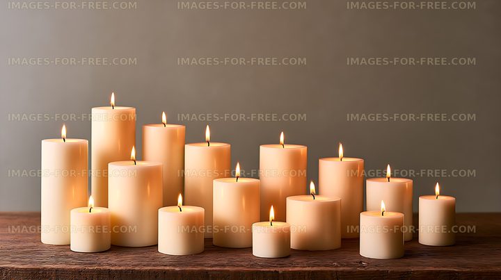Warm lit pillar candles arranged on a wooden table