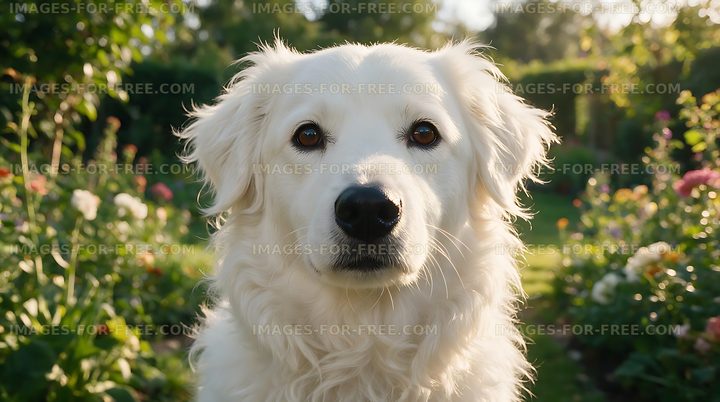 Fluffy white dog looking at camera in garden