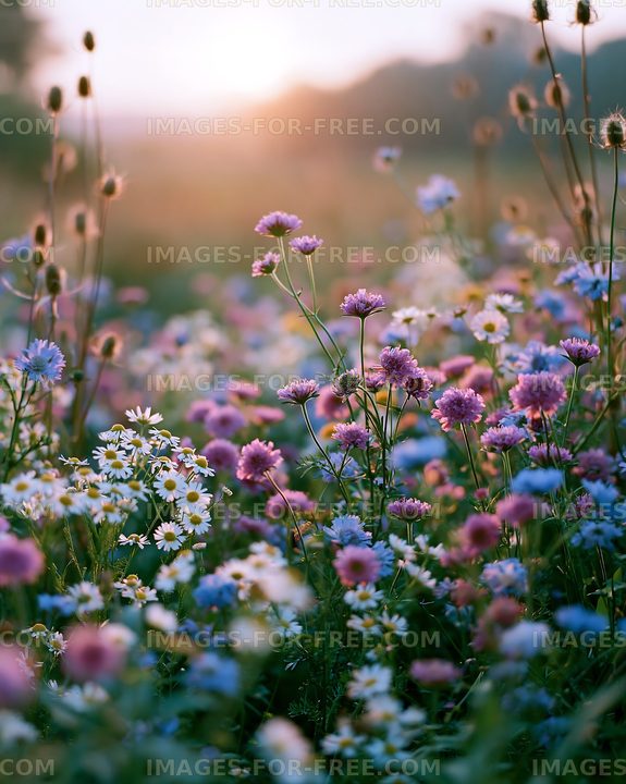 Colorful wildflowers growing in a field during sunset