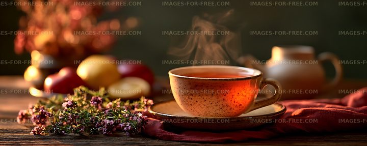 Warm tea still life with flowers, fruit, and teapot