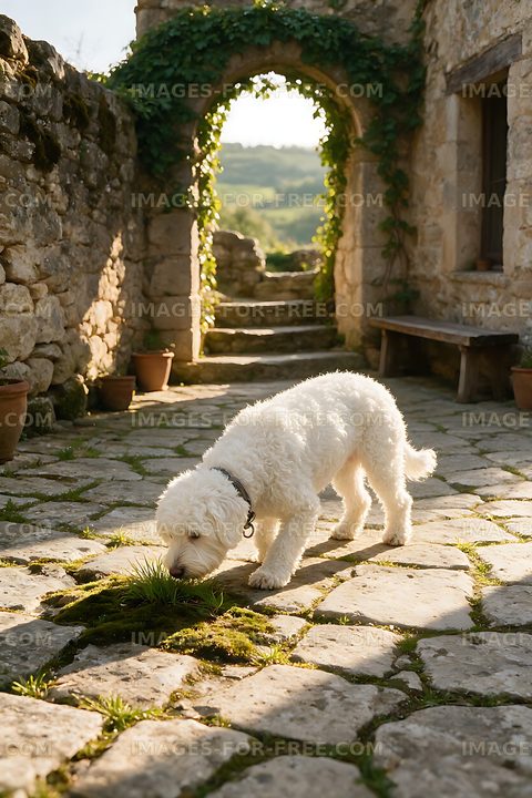 White dog exploring an old stone courtyard