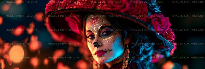 Dramatic close-up portrait with floral hat and skull face paint