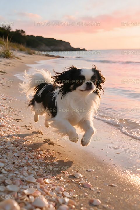 Long-haired black and white dog running by the ocean