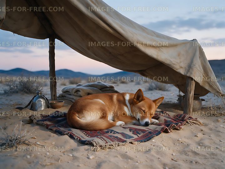 Puppy sleeping beneath a desert shelter