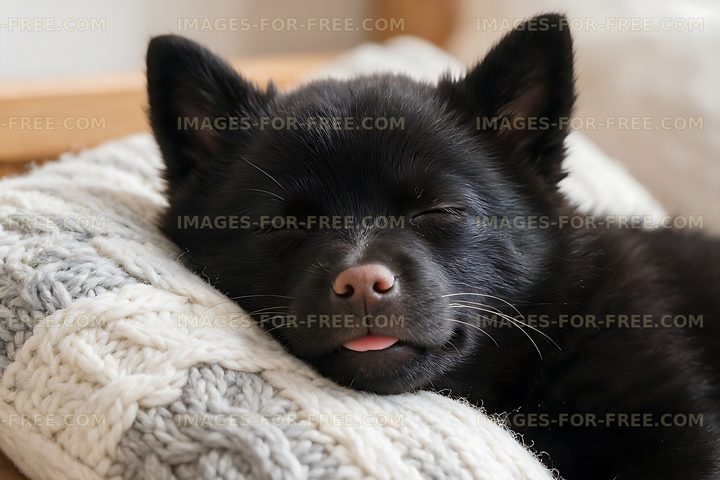 Sleeping black puppy resting on a soft blanket