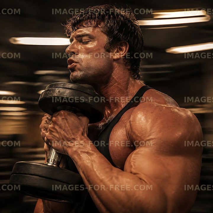 Man lifting dumbbell in gym with blurred background