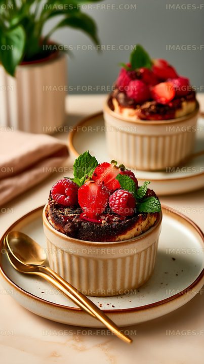 Chocolate dessert with fresh berries and mint
