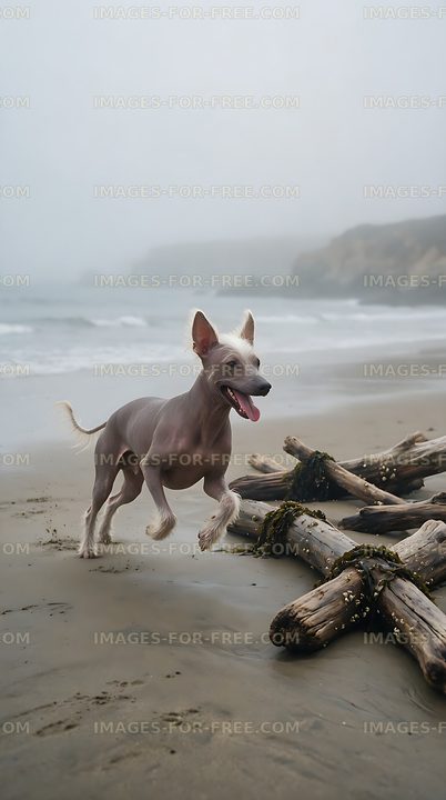 Hairless dog running on wet sand by the ocean