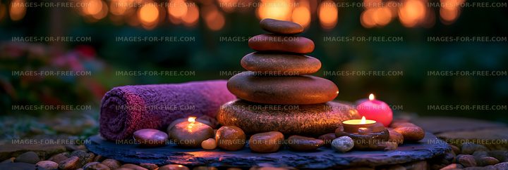 Zen arrangement of stones, candles, and towel
