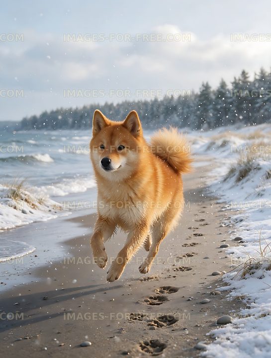 Tan dog running beside snowy coastal water