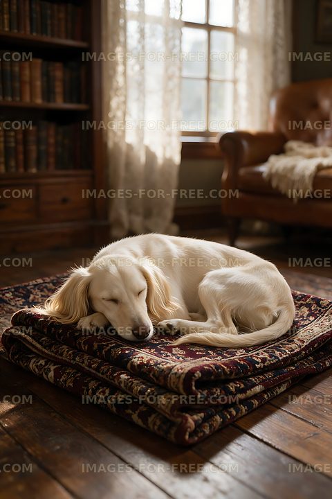 Long-haired puppy sleeping on a cushion in warm window light