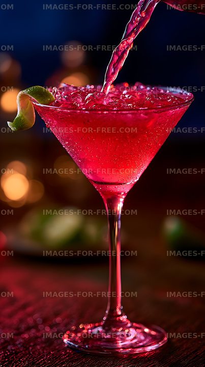 Vibrant red cocktail being poured into a martini glass