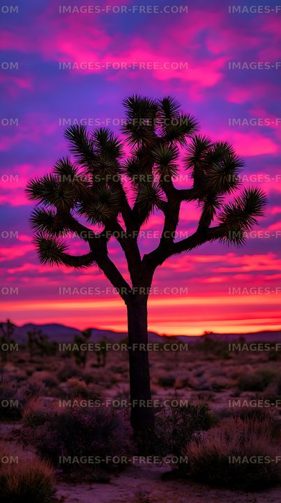 Joshua tree in a colorful desert sunset