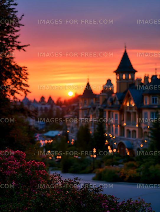 Dreamy village skyline glowing at sunset