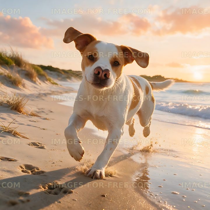 Energetic Dog Running Through Shallow Beach Water