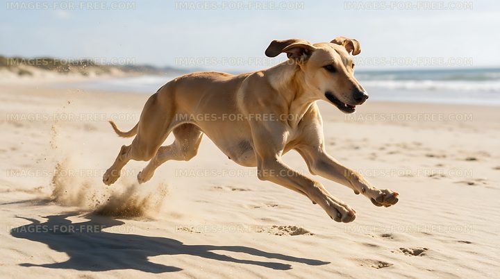 Athletic dog leaping across beach sand