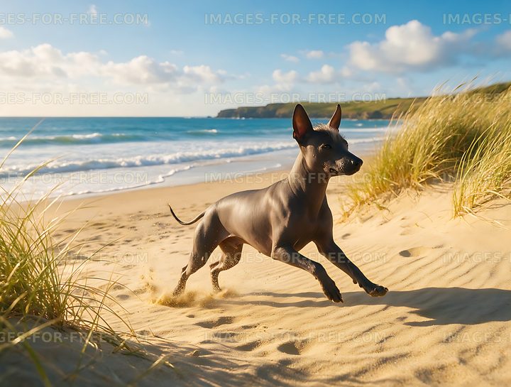 Hairless dog sprinting across a bright coastal beach