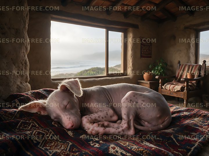 Hairless spotted puppy asleep in a rustic room