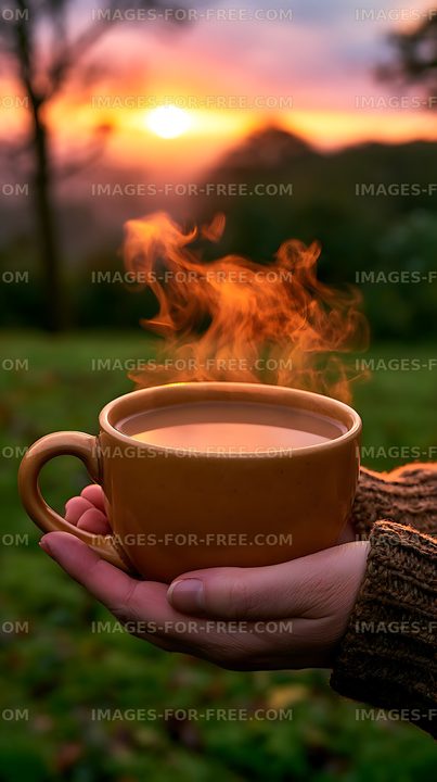 Hand holding a steaming coffee cup against a sunset