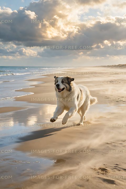 Dog running beside ocean waves on sandy beach