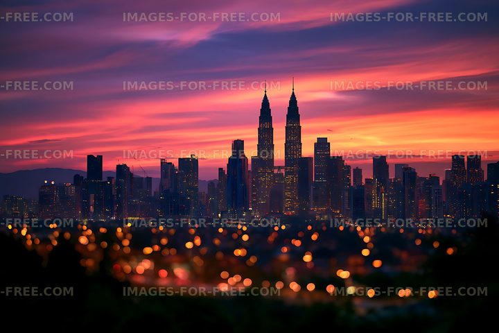 Illuminated urban skyline beneath a vivid sunset sky