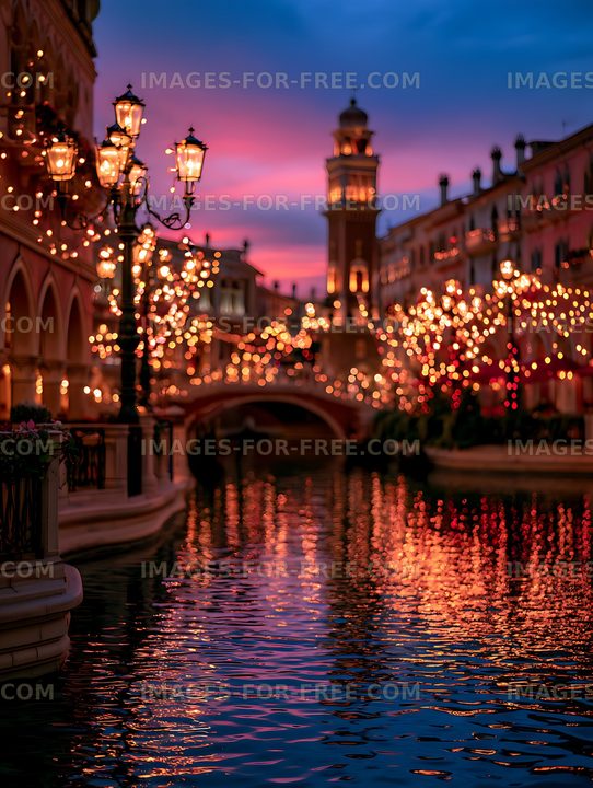 Colorful twilight canal with glowing lights and reflections