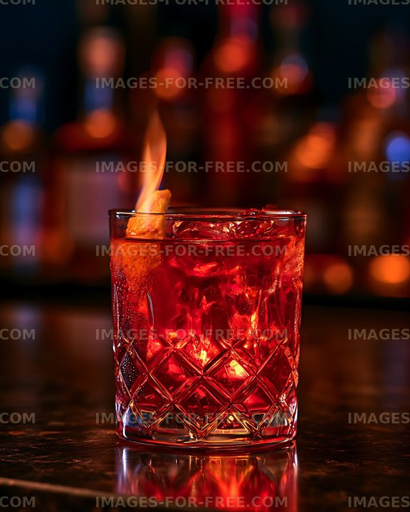 Red iced cocktail with citrus garnish and colorful bokeh