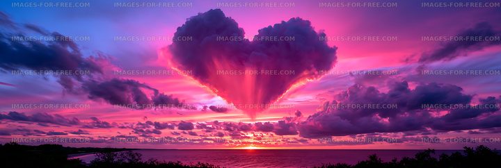 Dramatic purple and pink cloudscape above a coastal sunset