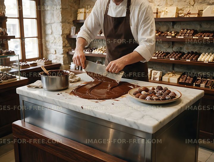 Artisan chocolatier preparing chocolate in a warm shop
