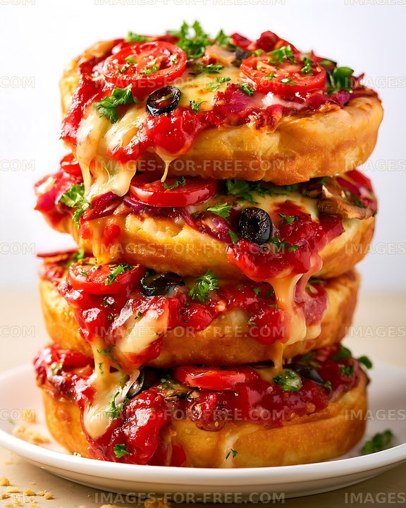 Three toasted sandwiches layered with melted cheese and vegetables