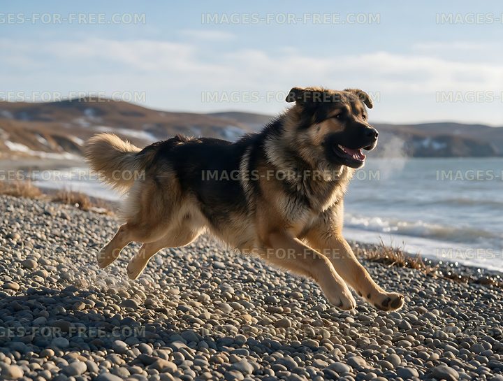 Happy long-haired dog running on a pebble beach